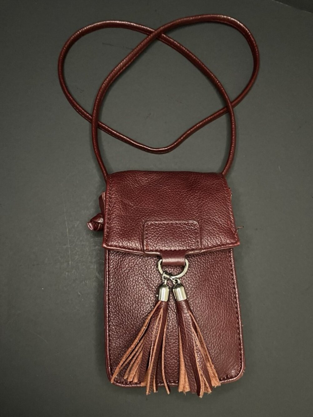 Burgundy Pebbled Leather Crossbody Bag With Tassels Outside Phone Pocket